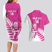 New Zealand Silver Fern Rugby Custom Couples Matching Long Sleeve Bodycon Dress and Hawaiian Shirt Go All Black Maori Pink Version