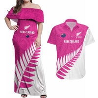 New Zealand Silver Fern Rugby Custom Couples Matching Off Shoulder Maxi Dress and Hawaiian Shirt Go All Black Maori Pink Version