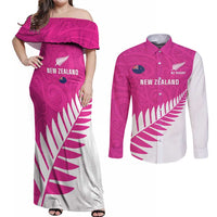 New Zealand Silver Fern Rugby Custom Couples Matching Off Shoulder Maxi Dress and Long Sleeve Button Shirt Go All Black Maori Pink Version