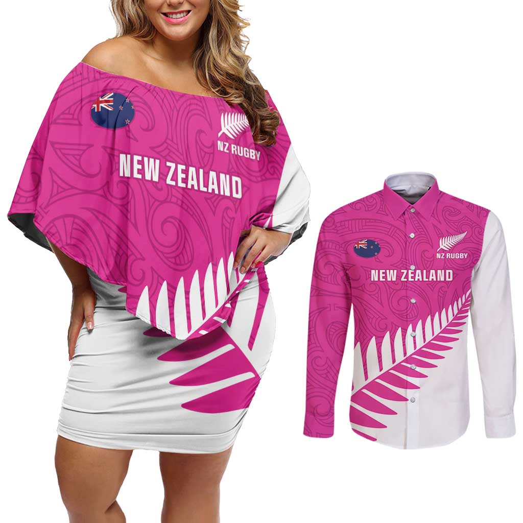 New Zealand Silver Fern Rugby Custom Couples Matching Off Shoulder Short Dress and Long Sleeve Button Shirt Go All Black Maori Pink Version