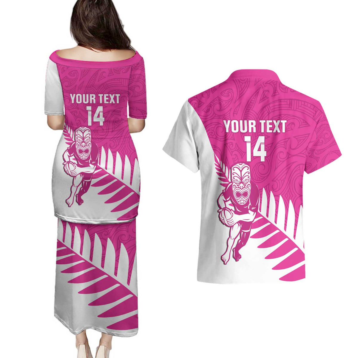 New Zealand Silver Fern Rugby Custom Couples Matching Puletasi and Hawaiian Shirt Go All Black Maori Pink Version