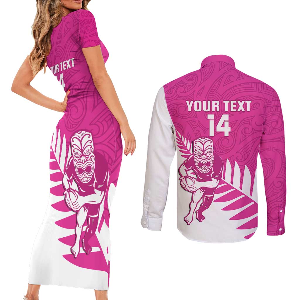 New Zealand Silver Fern Rugby Custom Couples Matching Short Sleeve Bodycon Dress and Long Sleeve Button Shirt Go All Black Maori Pink Version