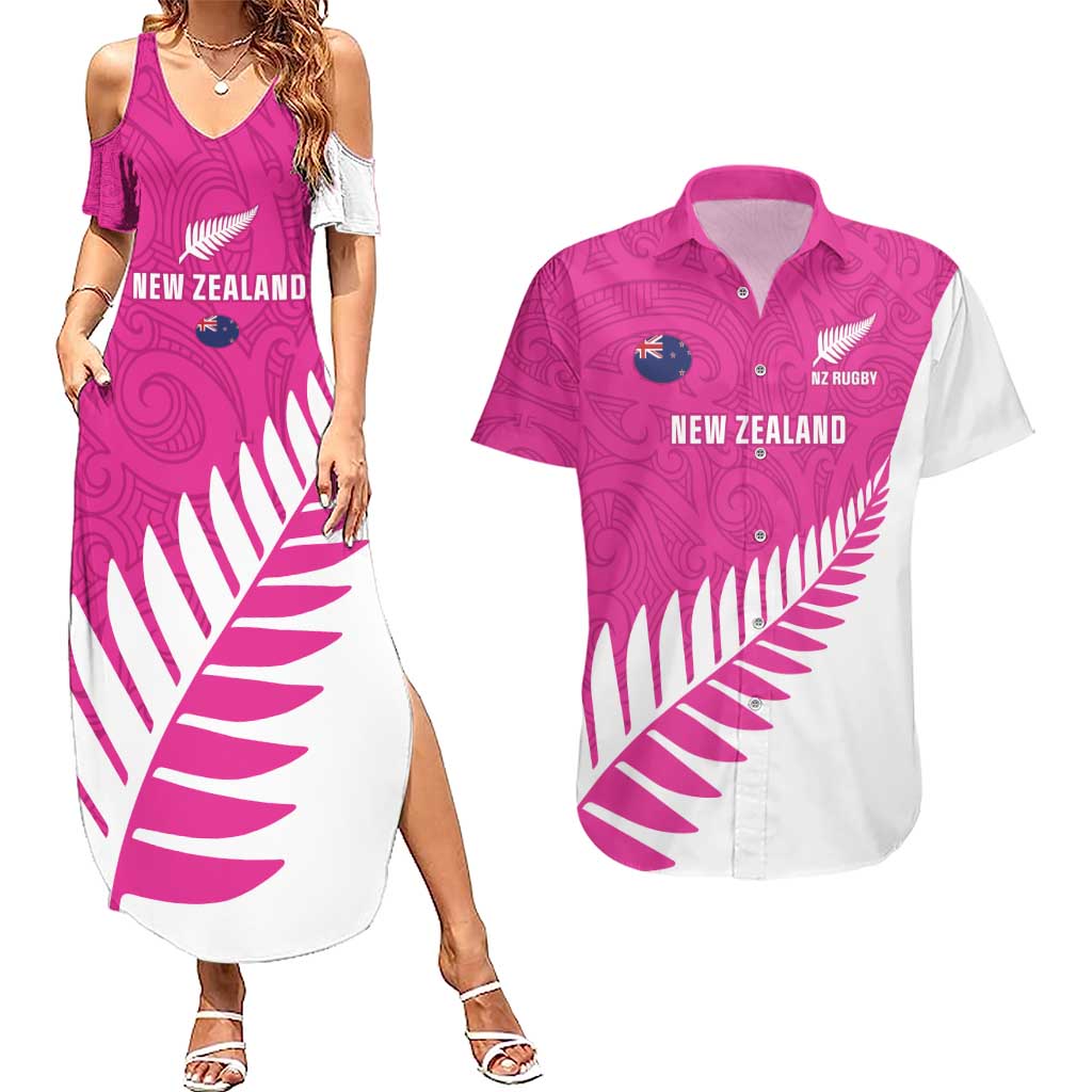 New Zealand Silver Fern Rugby Custom Couples Matching Summer Maxi Dress and Hawaiian Shirt Go All Black Maori Pink Version