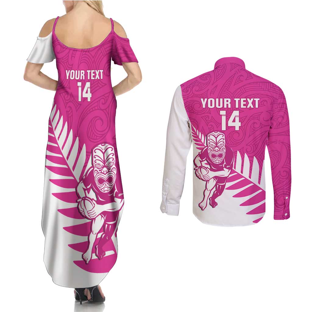 New Zealand Silver Fern Rugby Custom Couples Matching Summer Maxi Dress and Long Sleeve Button Shirt Go All Black Maori Pink Version