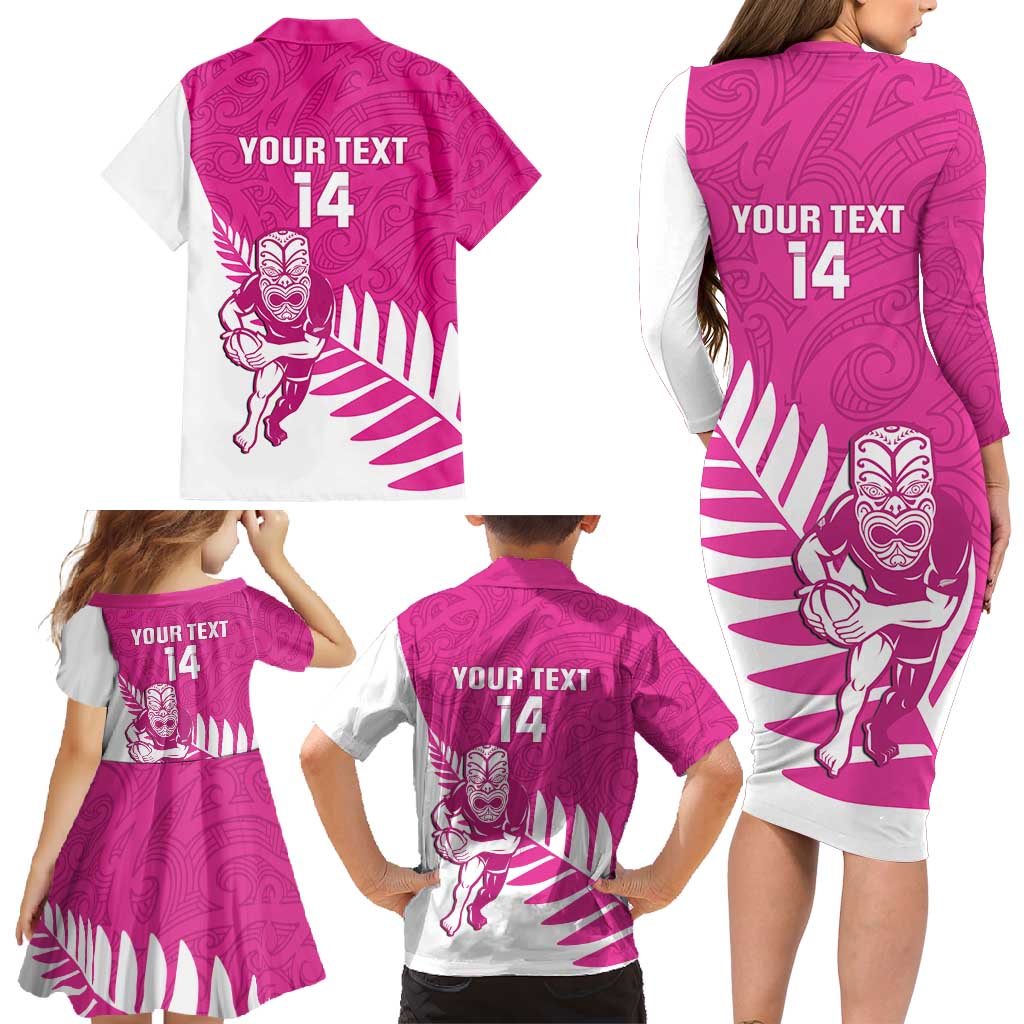 New Zealand Silver Fern Rugby Custom Family Matching Long Sleeve Bodycon Dress and Hawaiian Shirt Go All Black Maori Pink Version