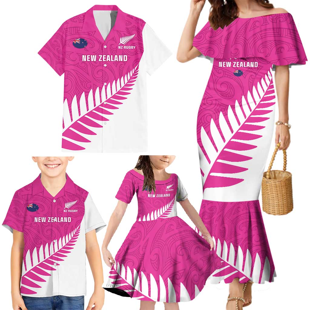 New Zealand Silver Fern Rugby Custom Family Matching Mermaid Dress and Hawaiian Shirt Go All Black Maori Pink Version