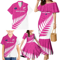 New Zealand Silver Fern Rugby Custom Family Matching Mermaid Dress and Hawaiian Shirt Go All Black Maori Pink Version