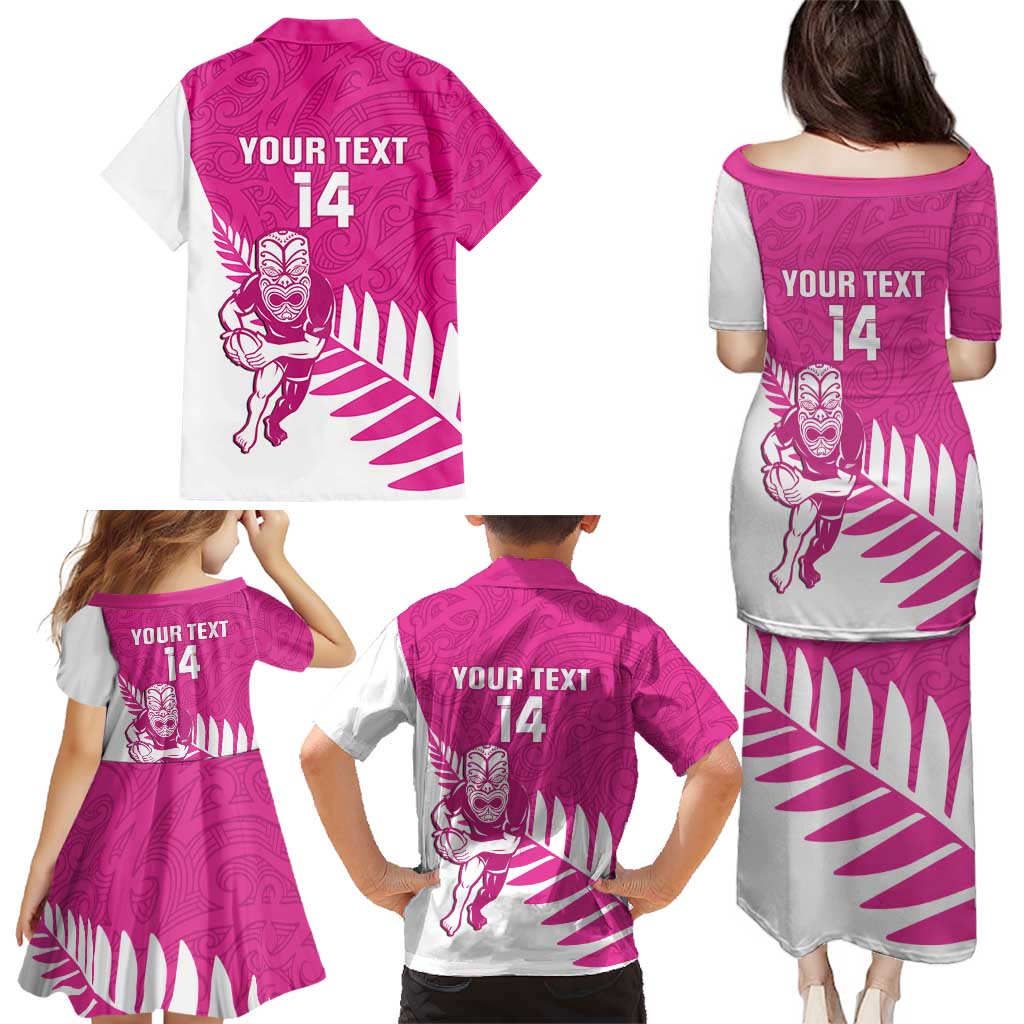 New Zealand Silver Fern Rugby Custom Family Matching Puletasi and Hawaiian Shirt Go All Black Maori Pink Version