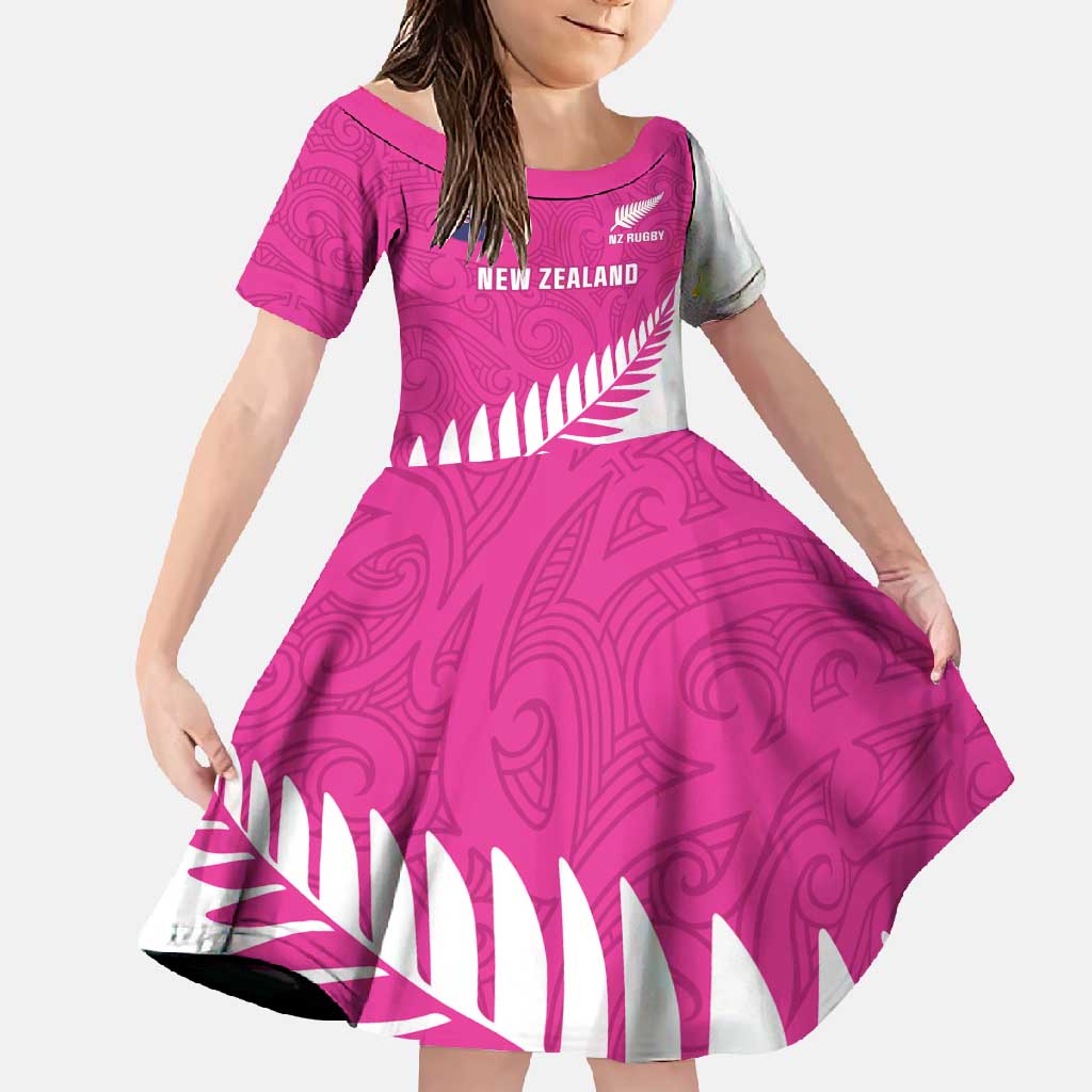 New Zealand Silver Fern Rugby Custom Family Matching Short Sleeve Bodycon Dress and Hawaiian Shirt Go All Black Maori Pink Version