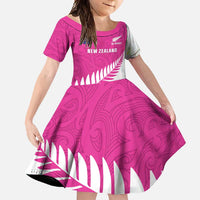 New Zealand Silver Fern Rugby Custom Family Matching Short Sleeve Bodycon Dress and Hawaiian Shirt Go All Black Maori Pink Version