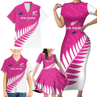 New Zealand Silver Fern Rugby Custom Family Matching Short Sleeve Bodycon Dress and Hawaiian Shirt Go All Black Maori Pink Version