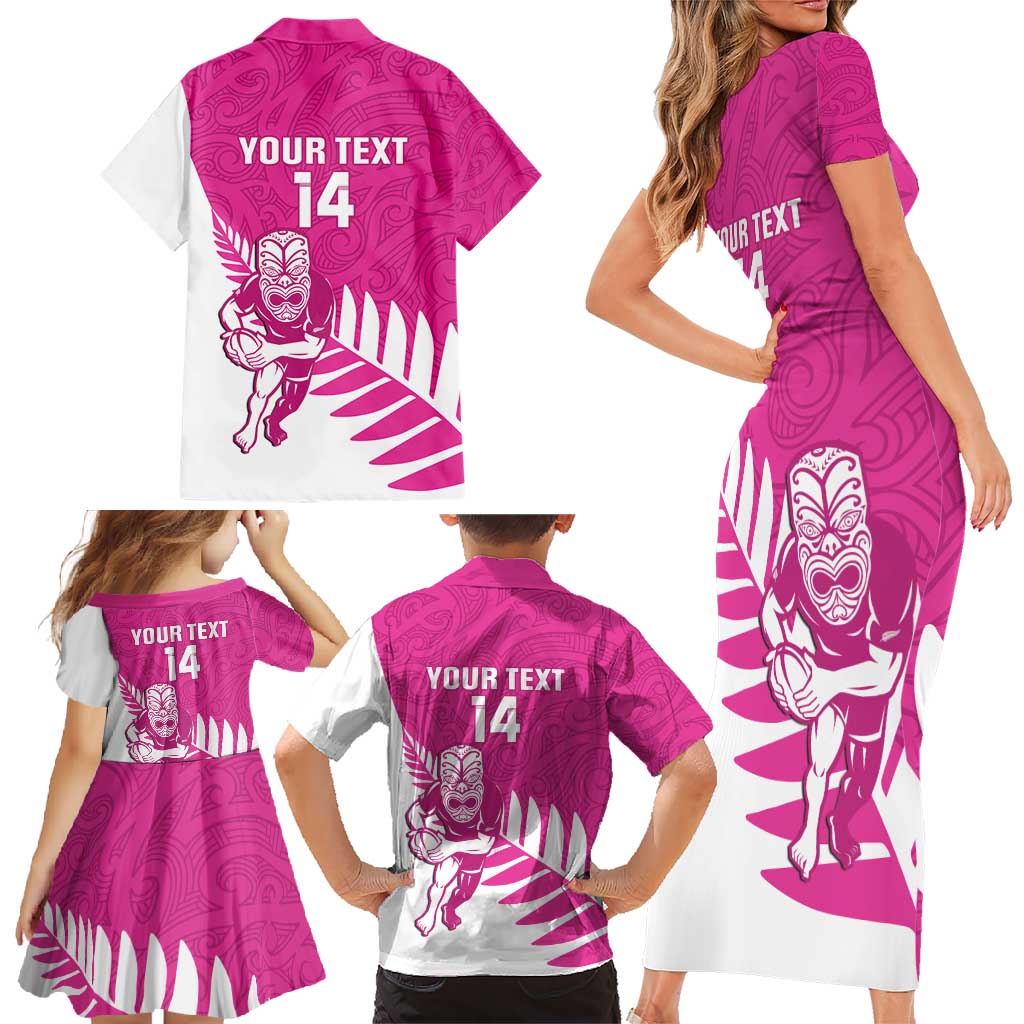 New Zealand Silver Fern Rugby Custom Family Matching Short Sleeve Bodycon Dress and Hawaiian Shirt Go All Black Maori Pink Version