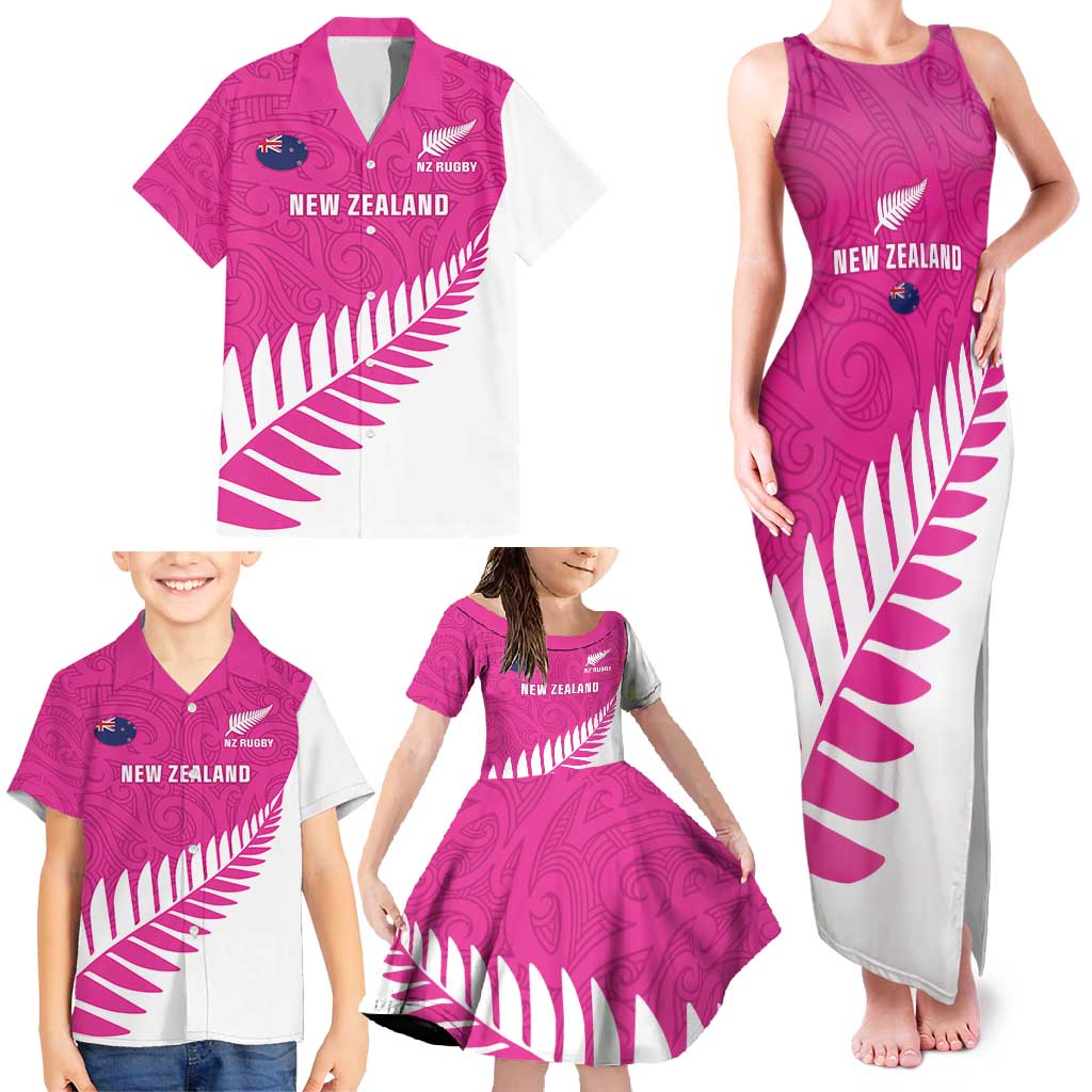 New Zealand Silver Fern Rugby Custom Family Matching Tank Maxi Dress and Hawaiian Shirt Go All Black Maori Pink Version