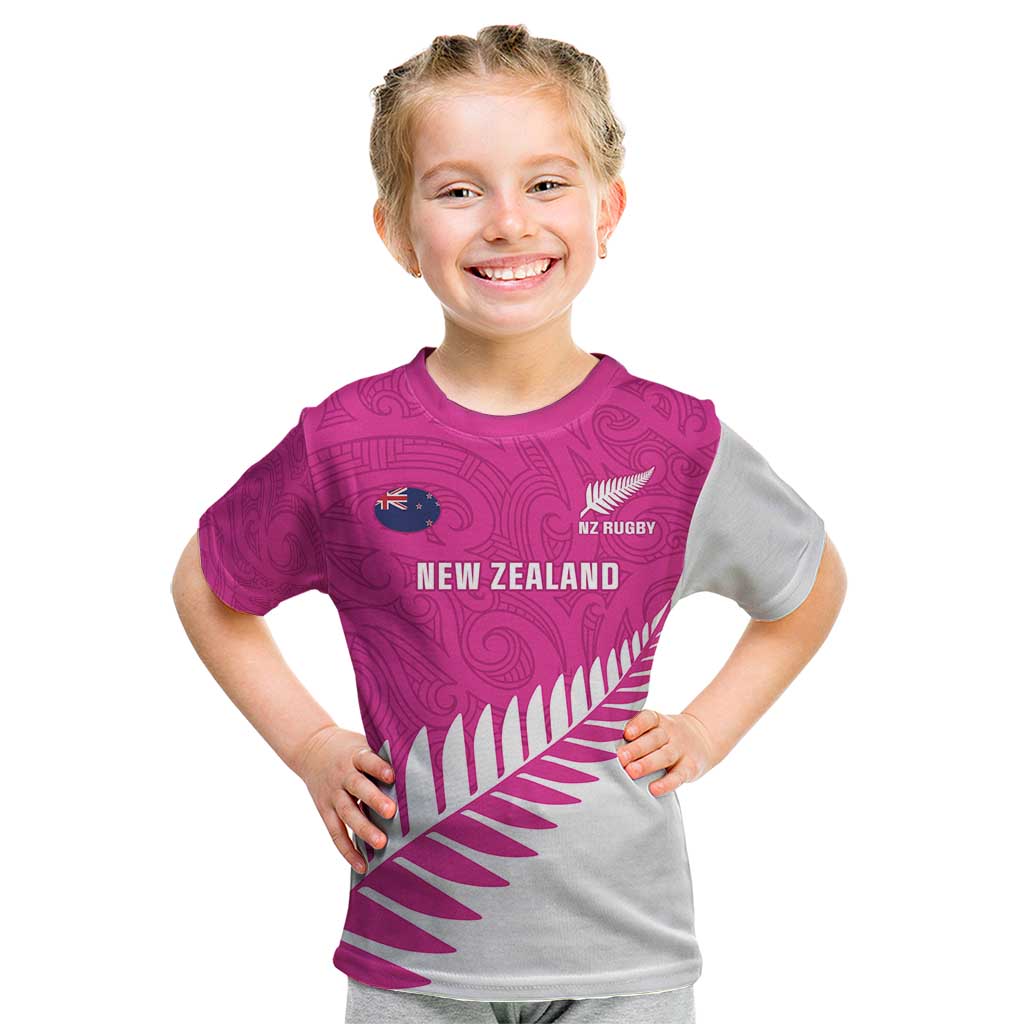 New Zealand Silver Fern Rugby Custom Kid T Shirt Go All Black Maori Pink Version