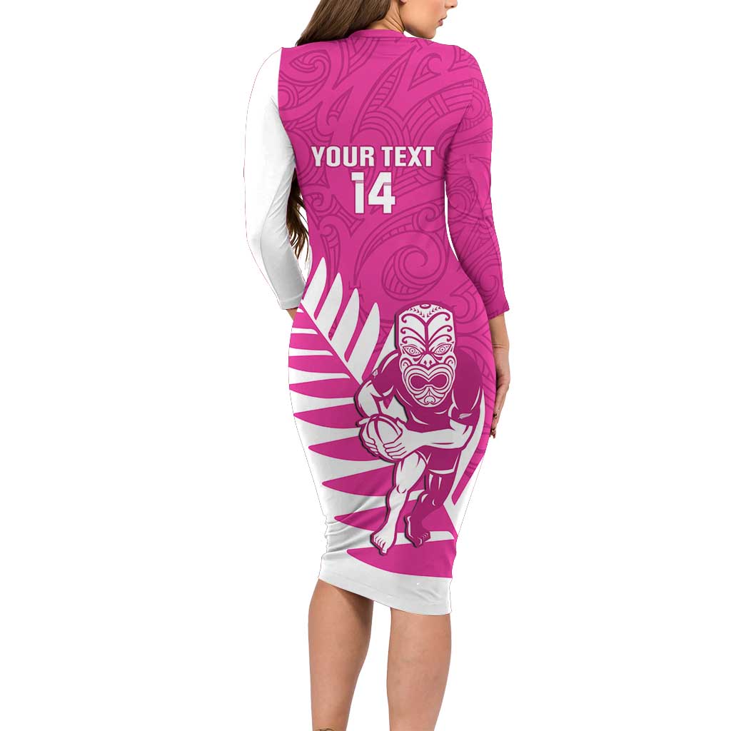New Zealand Silver Fern Rugby Custom Long Sleeve Bodycon Dress Go All Black Maori Pink Version