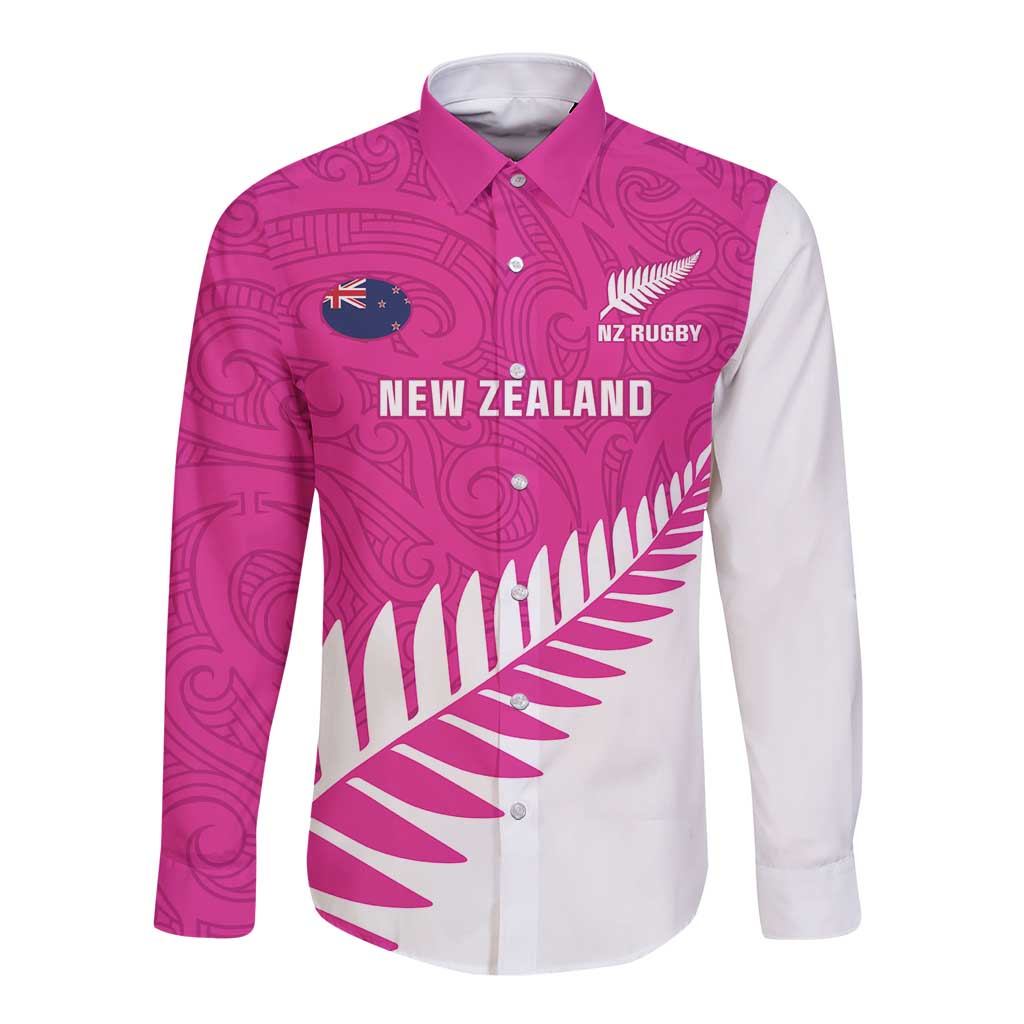 New Zealand Silver Fern Rugby Custom Long Sleeve Button Shirt Go All Black Maori Pink Version