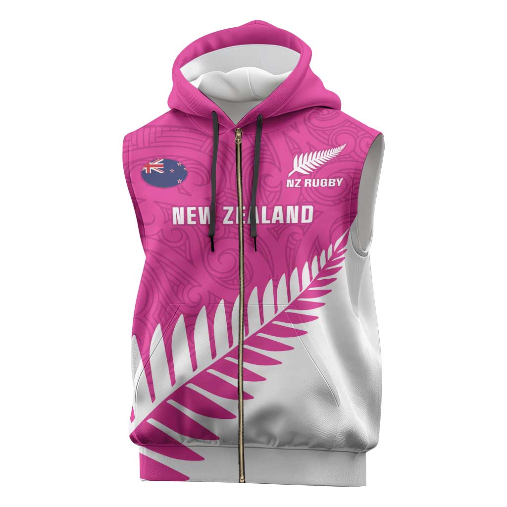 New Zealand Silver Fern Rugby Custom Sleeveless Zip Hoodie Go All Black Maori Pink Version - Polynesian Pride