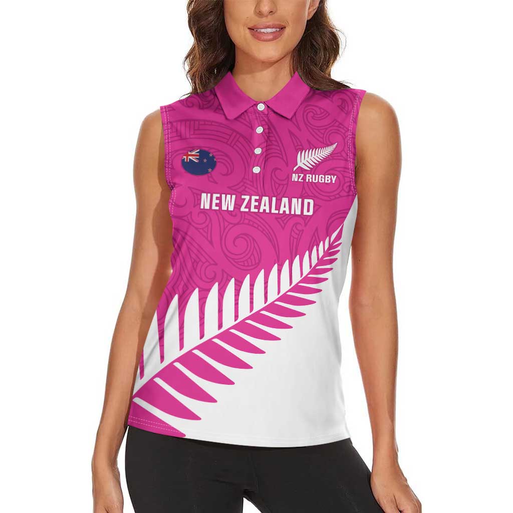 New Zealand Silver Fern Rugby Custom Women Sleeveless Polo Shirt Go All Black Maori Pink Version