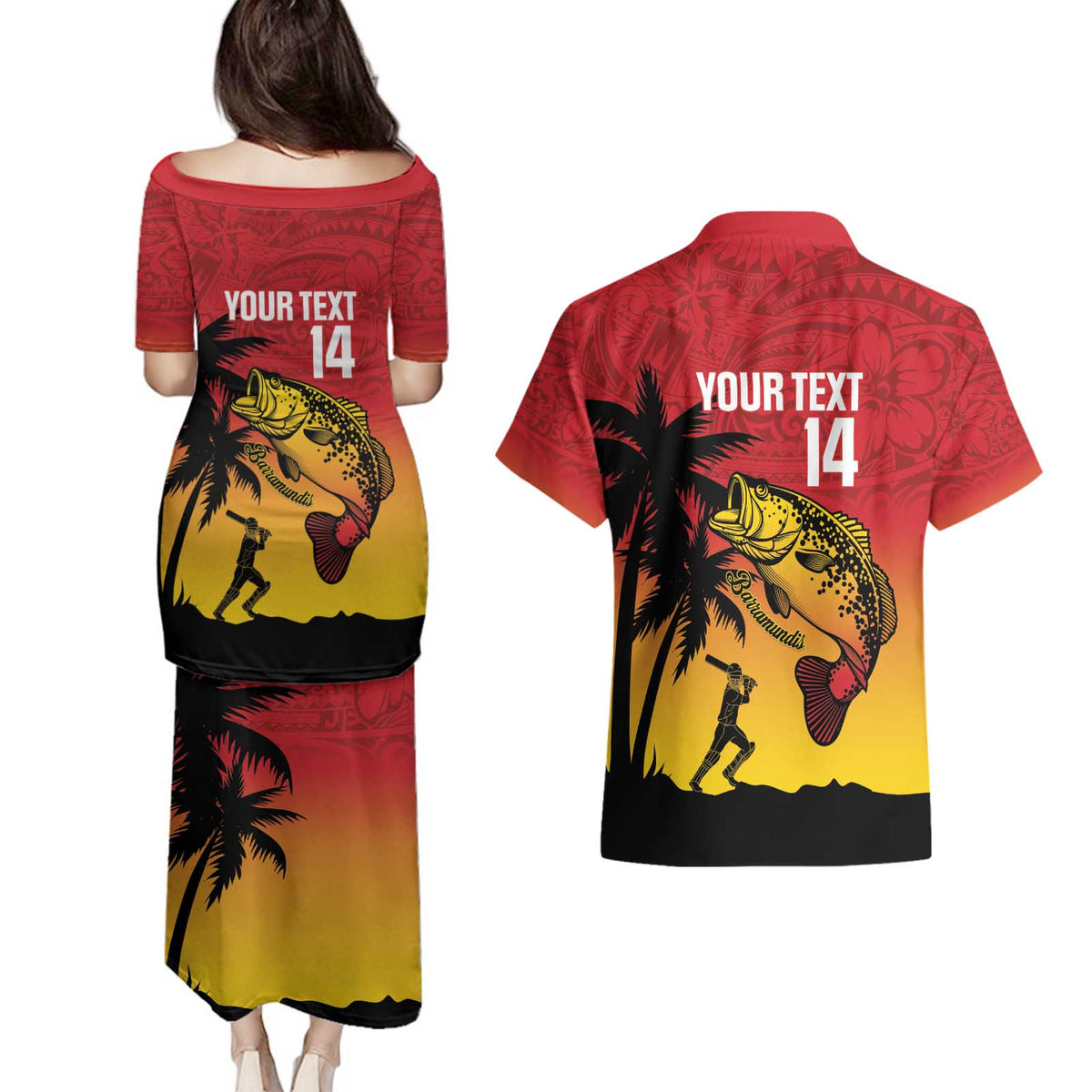 Custom Papua New Guinea Cricket Couples Matching Puletasi and Hawaiian Shirt PNG Barramundis LT14 - Polynesian Pride