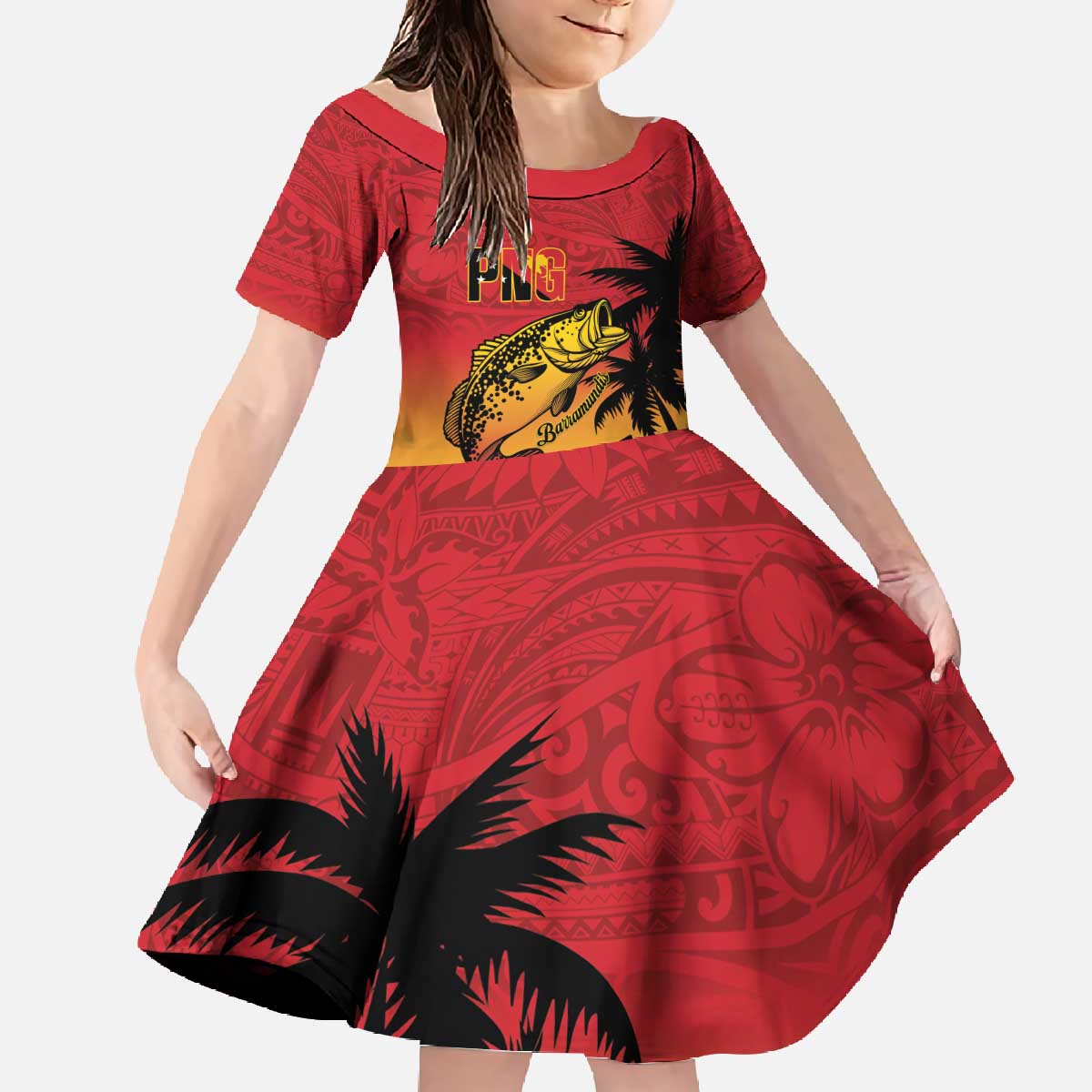 Custom Papua New Guinea Cricket Family Matching Off The Shoulder Long Sleeve Dress and Hawaiian Shirt PNG Barramundis - Polynesian Pride