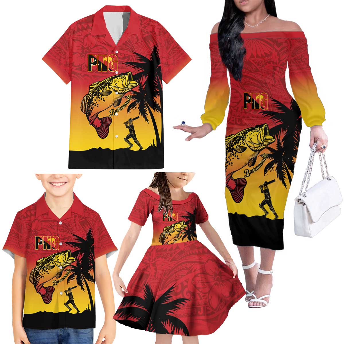 Custom Papua New Guinea Cricket Family Matching Off The Shoulder Long Sleeve Dress and Hawaiian Shirt PNG Barramundis - Polynesian Pride