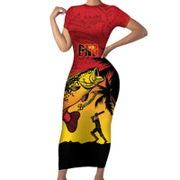Custom Papua New Guinea Cricket Family Matching Short Sleeve Bodycon Dress and Hawaiian Shirt PNG Barramundis - Polynesian Pride