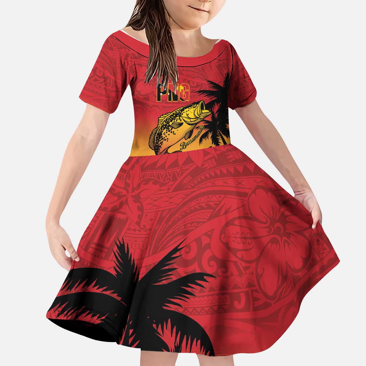 Custom Papua New Guinea Cricket Kid Short Sleeve Dress PNG Barramundis - Polynesian Pride