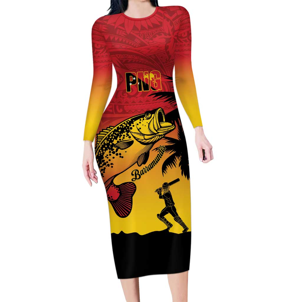Custom Papua New Guinea Cricket Long Sleeve Bodycon Dress PNG Barramundis - Polynesian Pride