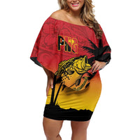 Custom Papua New Guinea Cricket Off Shoulder Short Dress PNG Barramundis - Polynesian Pride
