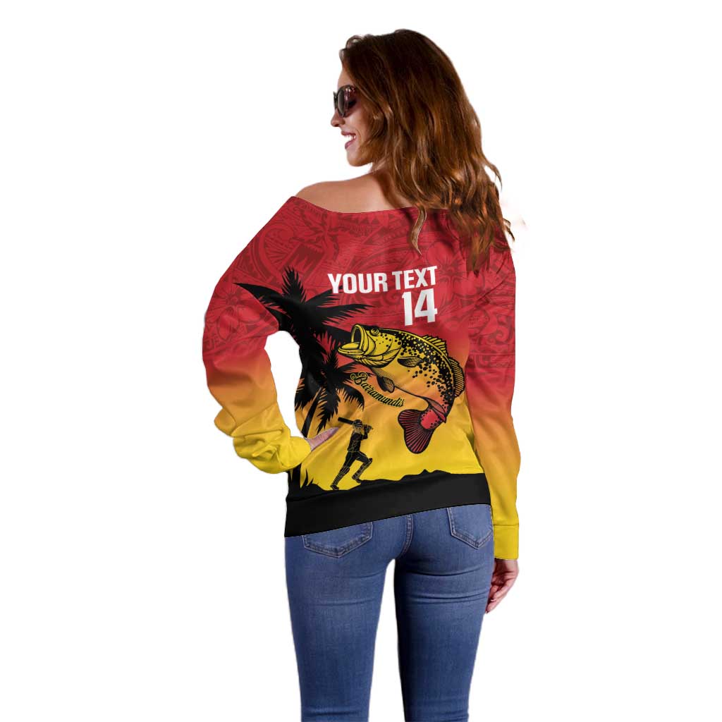 Custom Papua New Guinea Cricket Off Shoulder Sweater PNG Barramundis - Polynesian Pride