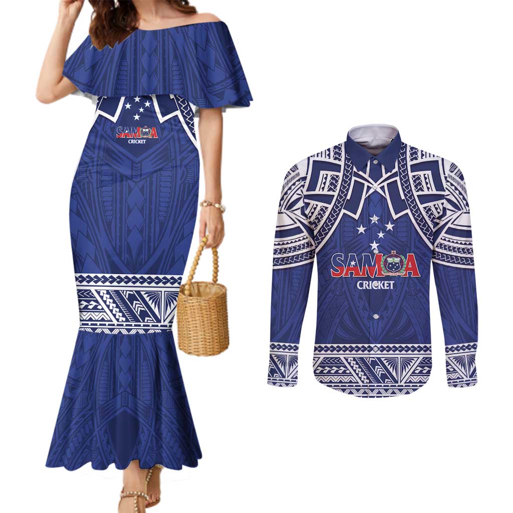 Custom Samoa Cricket Couples Matching Mermaid Dress and Long Sleeve Button Shirt Go Champions Samoan - Polynesian Pride