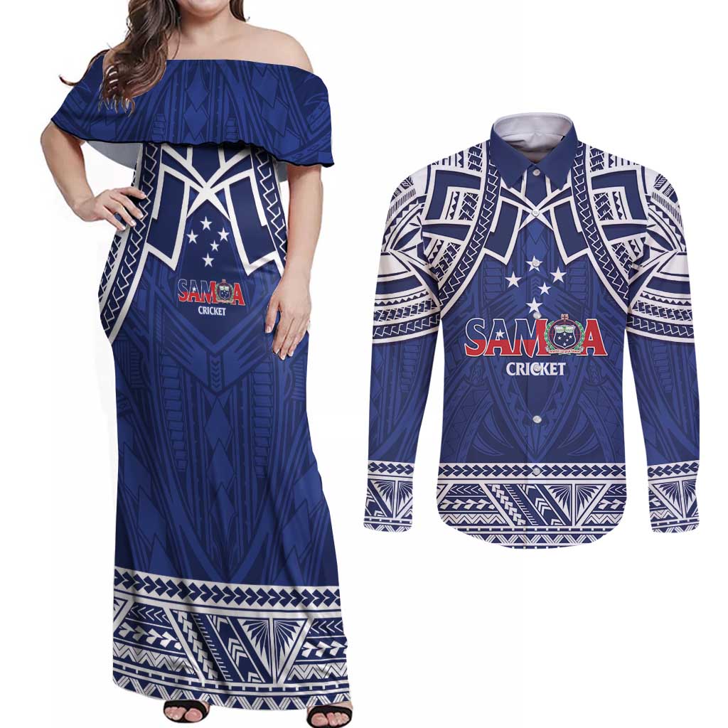 Custom Samoa Cricket Couples Matching Off Shoulder Maxi Dress and Long Sleeve Button Shirt Go Champions Samoan LT14 Blue - Polynesian Pride