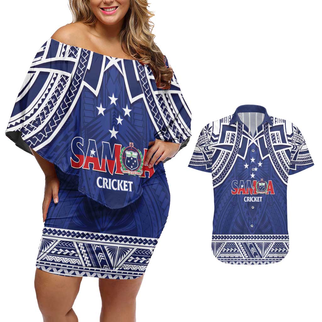 Custom Samoa Cricket Couples Matching Off Shoulder Short Dress and Hawaiian Shirt Go Champions Samoan LT14 Blue - Polynesian Pride