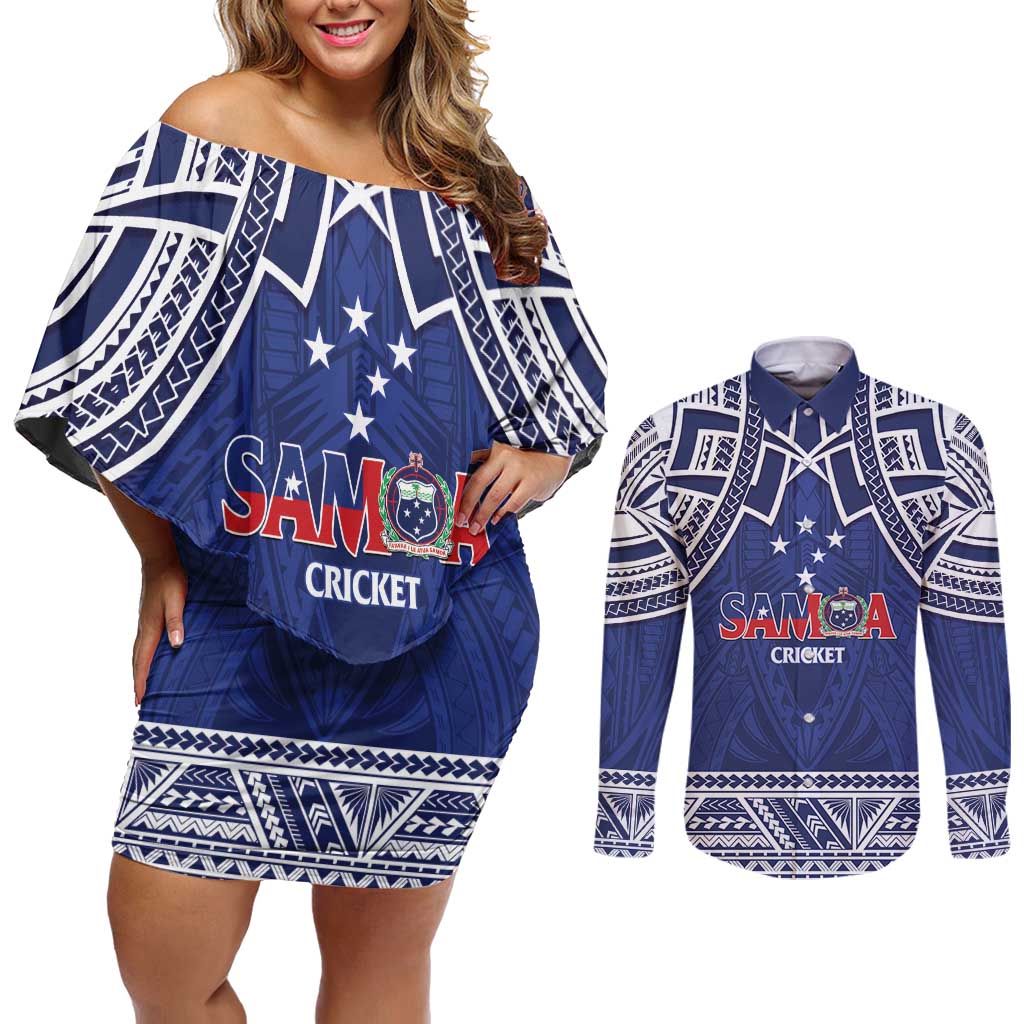 Custom Samoa Cricket Couples Matching Off Shoulder Short Dress and Long Sleeve Button Shirt Go Champions Samoan LT14 Blue - Polynesian Pride
