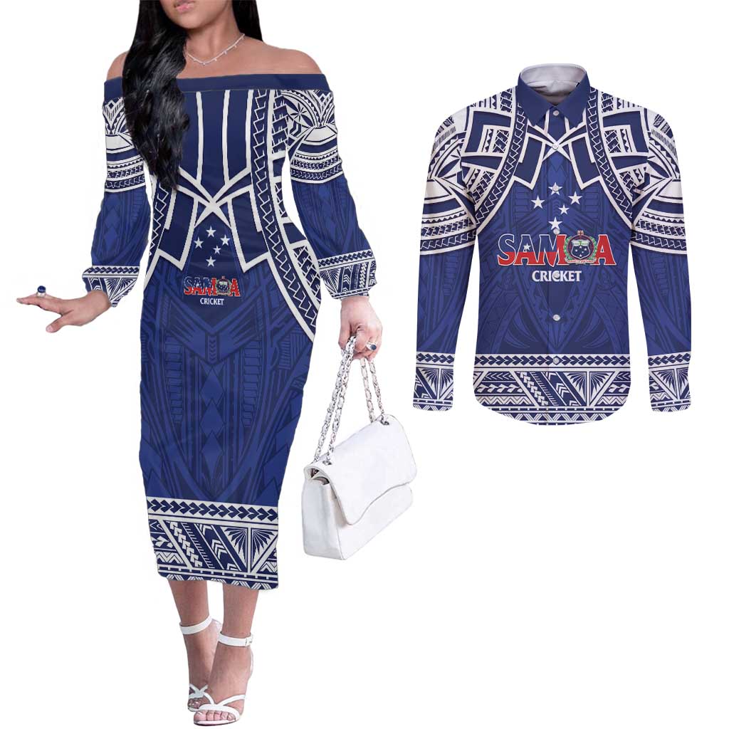 Custom Samoa Cricket Couples Matching Off The Shoulder Long Sleeve Dress and Long Sleeve Button Shirt Go Champions Samoan LT14 Blue - Polynesian Pride