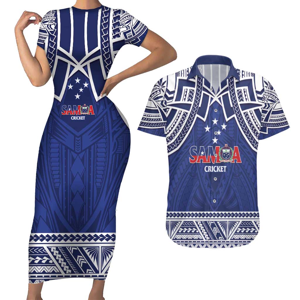 Custom Samoa Cricket Couples Matching Short Sleeve Bodycon Dress and Hawaiian Shirt Go Champions Samoan - Polynesian Pride