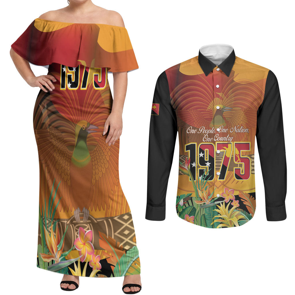 Personalised Papua New Guinea Independence Day Couples Matching Off Shoulder Maxi Dress and Long Sleeve Button Shirt One People One Nation One Country