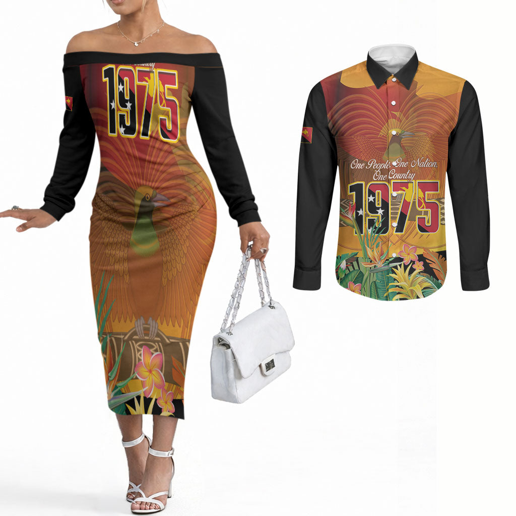 Personalised Papua New Guinea Independence Day Couples Matching Off The Shoulder Long Sleeve Dress and Long Sleeve Button Shirt One People One Nation One Country LT14 Multicolor - Polynesian Pride