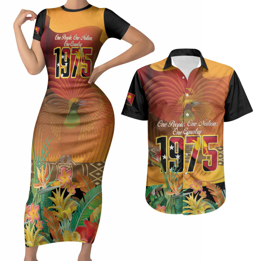 Personalised Papua New Guinea Independence Day Couples Matching Short Sleeve Bodycon Dress and Hawaiian Shirt One People One Nation One Country