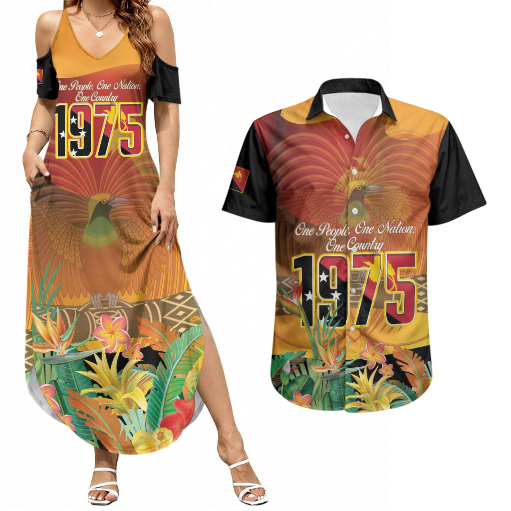 Personalised Papua New Guinea Independence Day Couples Matching Summer Maxi Dress and Hawaiian Shirt One People One Nation One Country