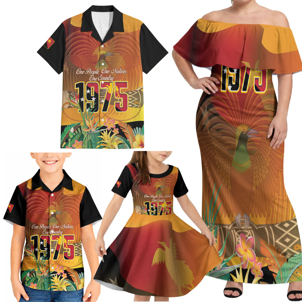 Personalised Papua New Guinea Independence Day Family Matching Off Shoulder Maxi Dress and Hawaiian Shirt One People One Nation One Country LT14 - Polynesian Pride