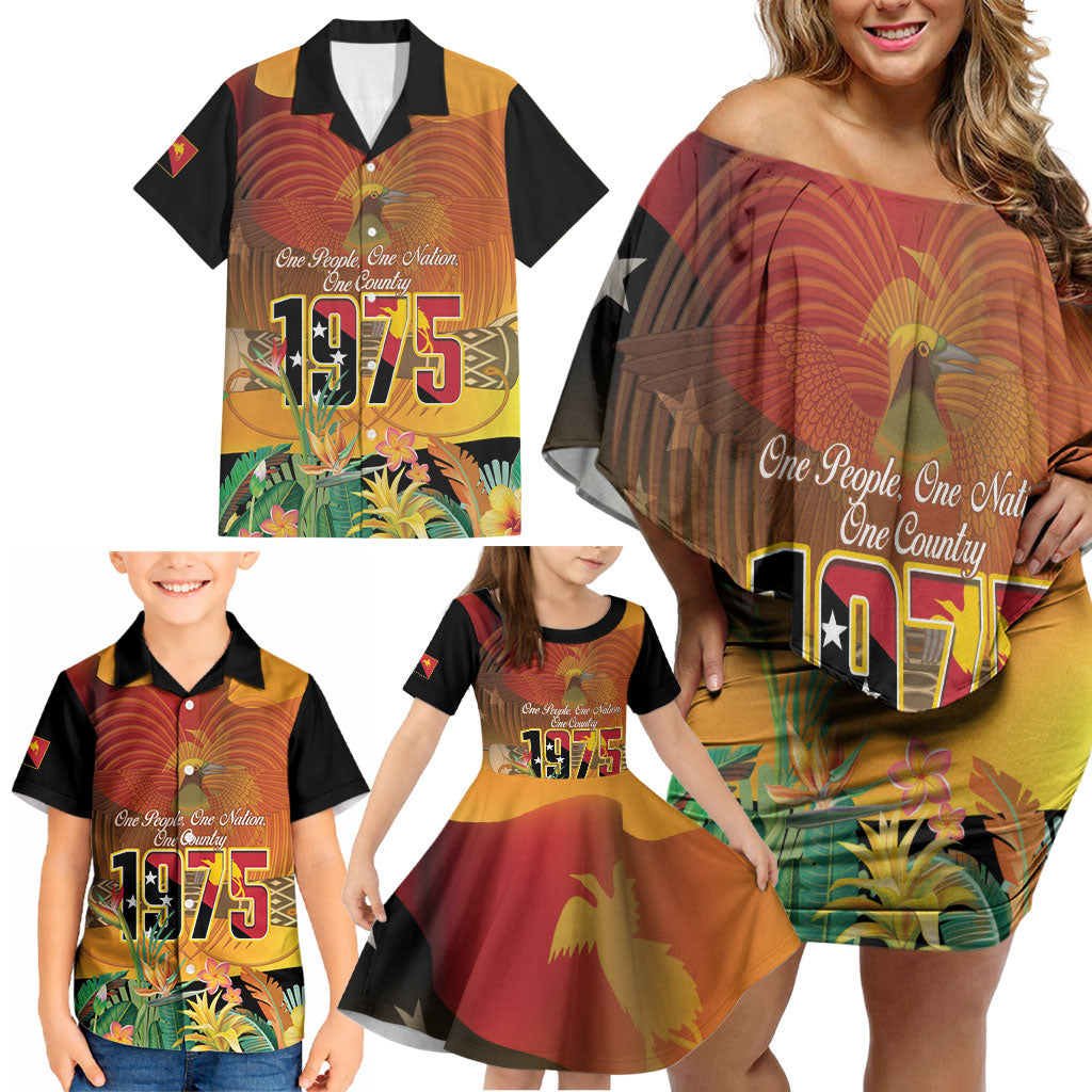 Personalised Papua New Guinea Independence Day Family Matching Off Shoulder Short Dress and Hawaiian Shirt One People One Nation One Country