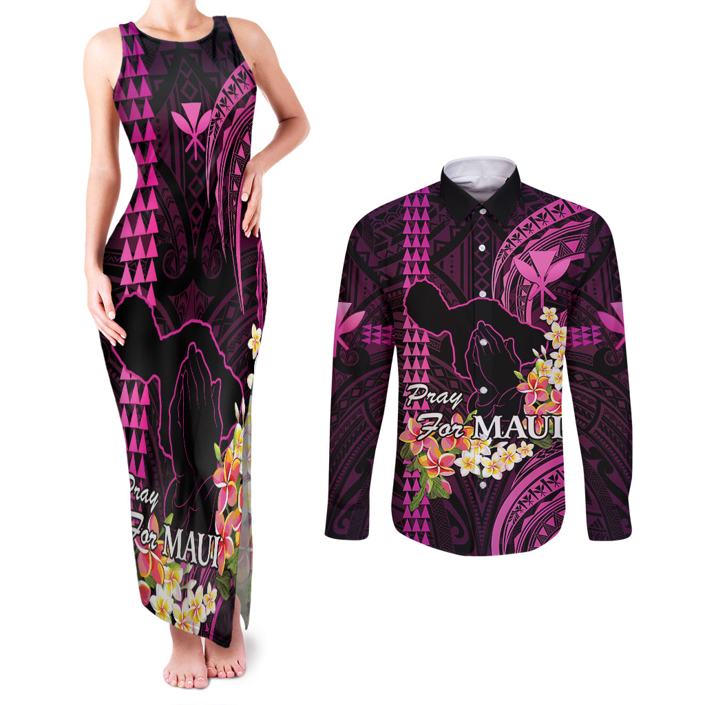 Hawaii Couples Matching Tank Maxi Dress and Long Sleeve Button Shirts Pray For Maui Hawaiian Plumeria Be Strong Pink Verison LT14 Pink - Polynesian Pride
