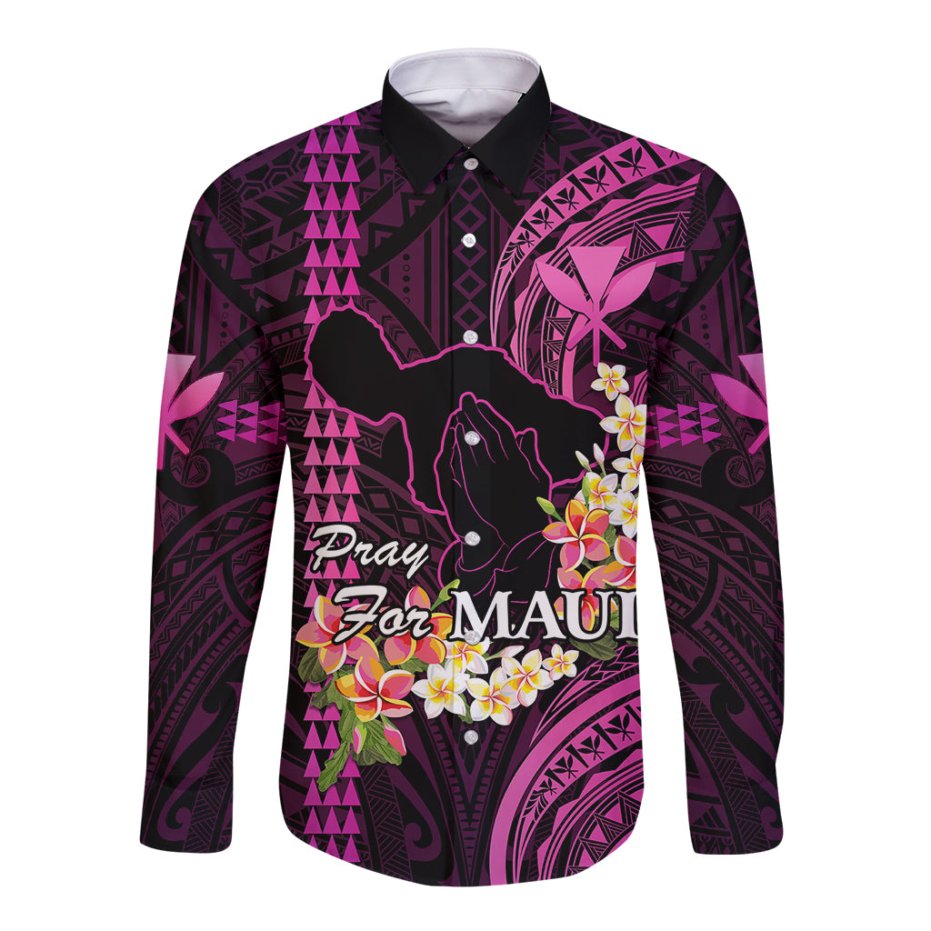 Hawaii Long Sleeve Button Shirt Pray For Maui Hawaiian Plumeria Be Strong Pink Verison LT14 Unisex Pink - Polynesian Pride
