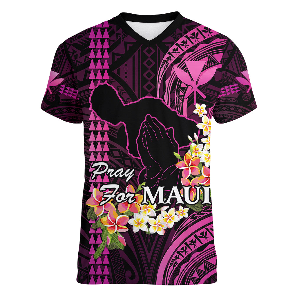 Hawaii Women V Neck T Shirt Pray For Maui Hawaiian Plumeria Be Strong Pink Verison LT14 Female Pink - Polynesian Pride