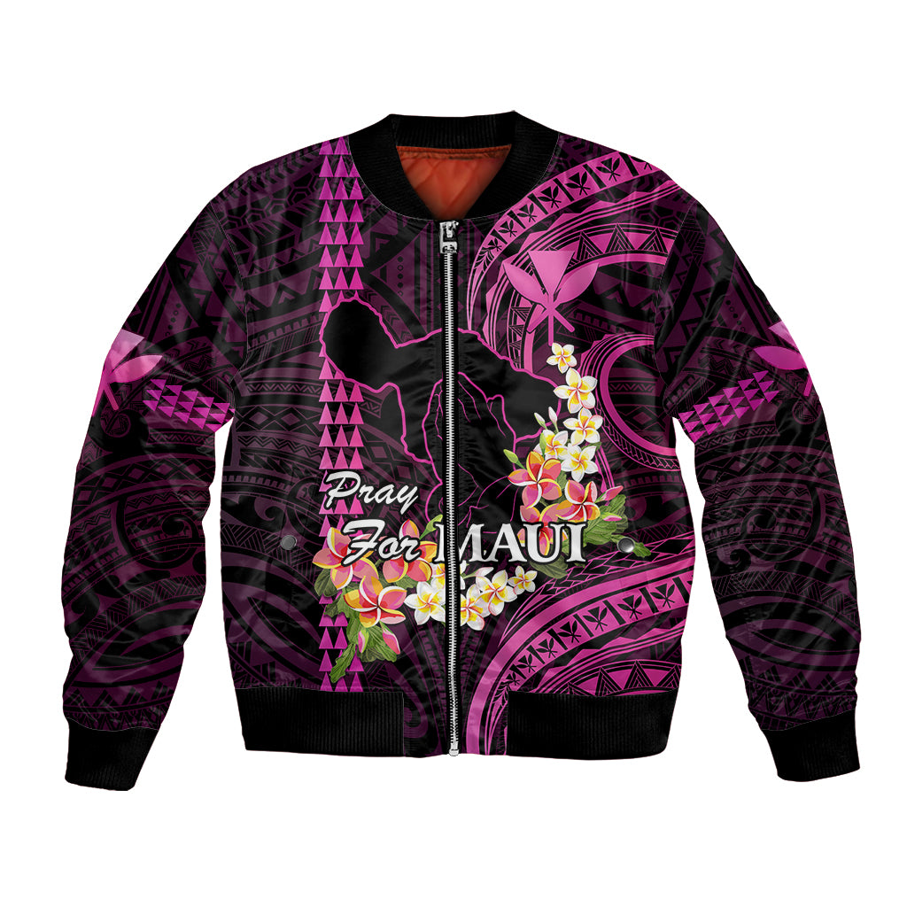 Personalised Hawaii Bomber Jacket Pray For Maui Hawaiian Plumeria Be Strong Pink Verison LT14 Unisex Pink - Polynesian Pride