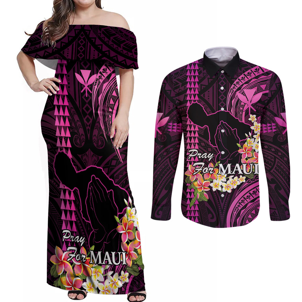 Personalised Hawaii Couples Matching Off Shoulder Maxi Dress and Long Sleeve Button Shirts Pray For Maui Hawaiian Plumeria Be Strong Pink Verison LT14 Pink - Polynesian Pride