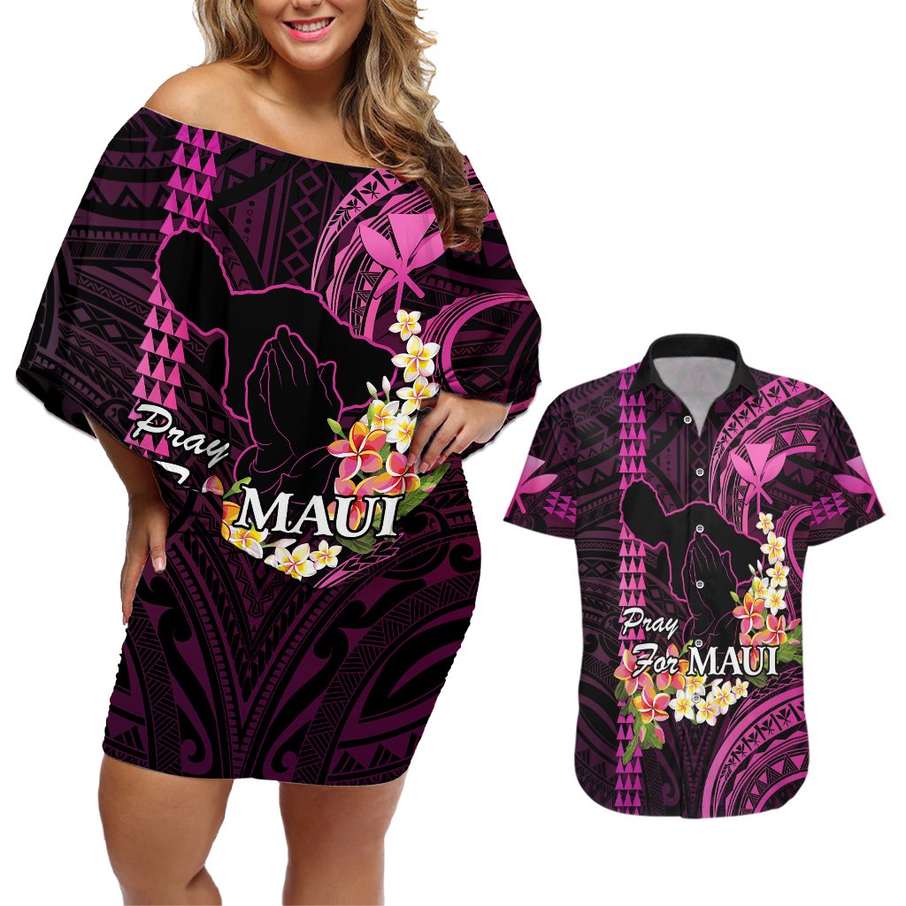 Personalised Hawaii Couples Matching Off Shoulder Short Dress and Hawaiian Shirt Pray For Maui Hawaiian Plumeria Be Strong Pink Verison LT14 Pink - Polynesian Pride