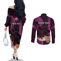 Personalised Hawaii Couples Matching Off The Shoulder Long Sleeve Dress and Long Sleeve Button Shirts Pray For Maui Hawaiian Plumeria Be Strong Pink Verison LT14 - Polynesian Pride