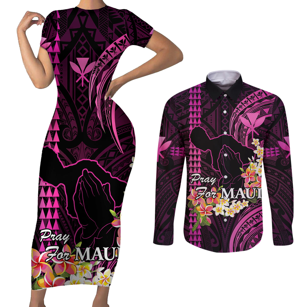 Personalised Hawaii Couples Matching Short Sleeve Bodycon Dress and Long Sleeve Button Shirts Pray For Maui Hawaiian Plumeria Be Strong Pink Verison LT14 Pink - Polynesian Pride
